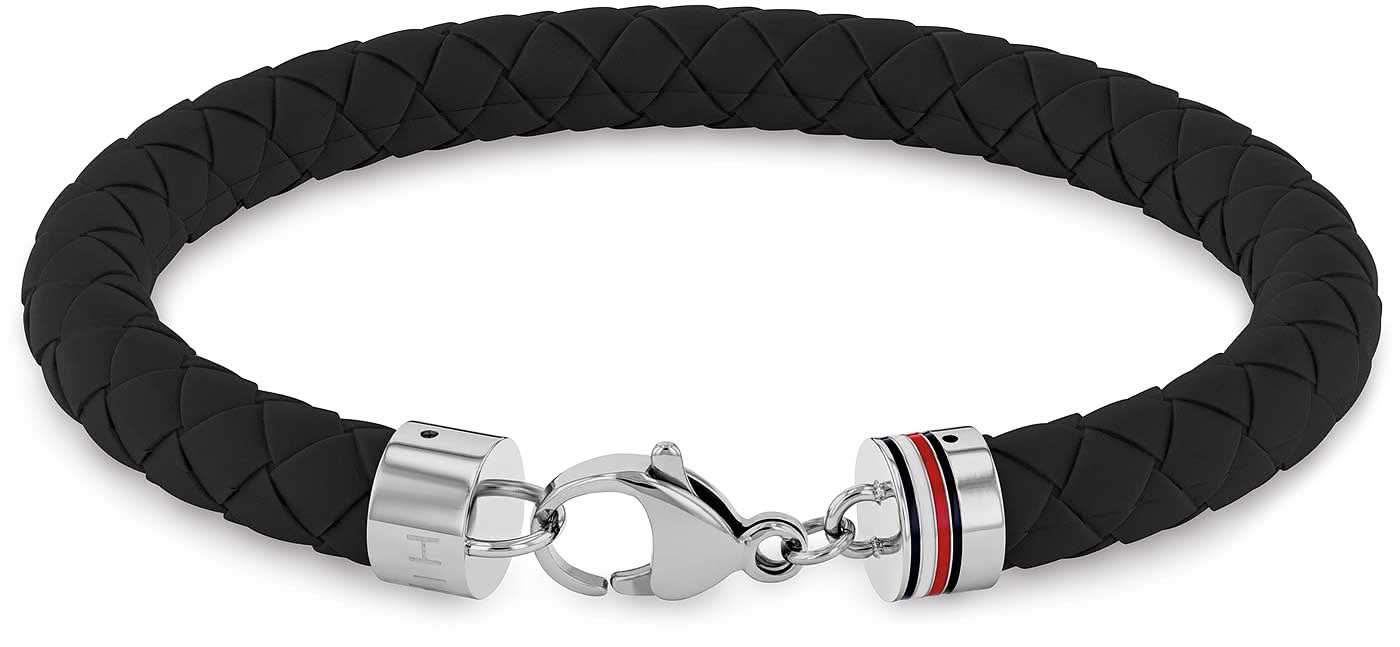 Pleciona silikonowa bransoletka, czarna bransoletka z metalowym zapięciem i logo Tommy Hilfiger