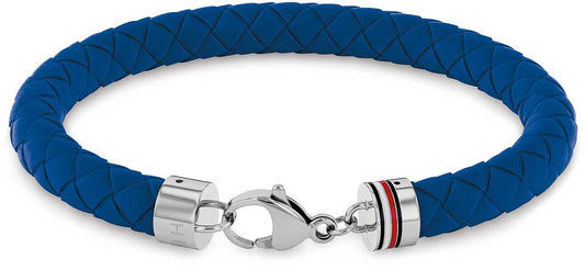 Pleciona silikonowa bransoletka, niebieski splot, srebrne zapięcie z logo Tommy Hilfiger