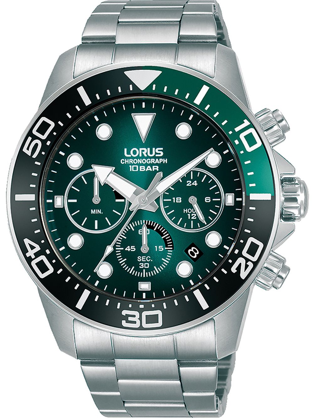 Męski zegarek LORUS Sport z chronografem, czarną tarczą i metalową bransoletą