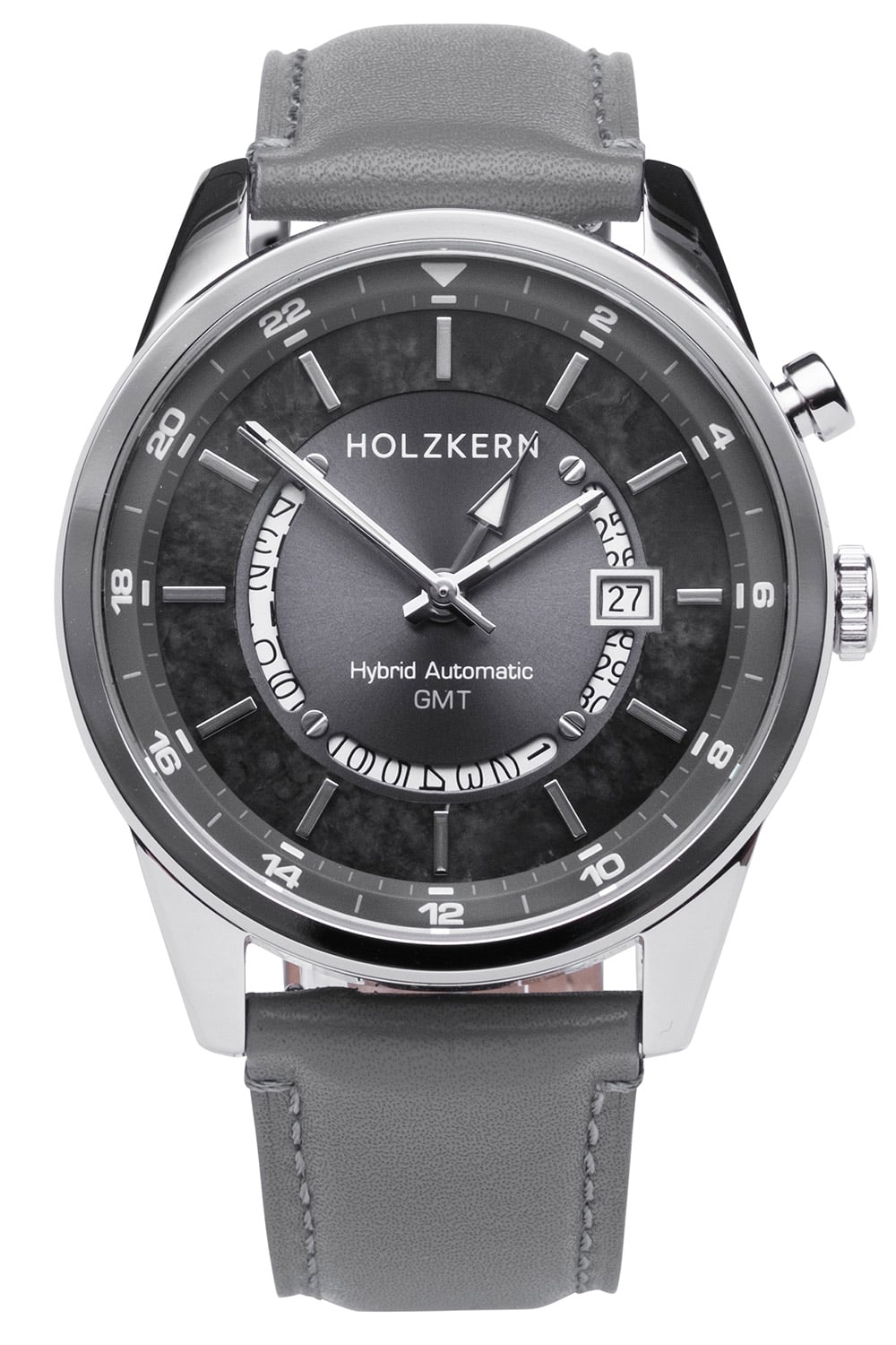 Zegarek męski Holzkern GMT: szary pasek skórzany, czarna tarcza, srebrna koperta