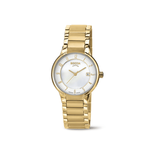 Damen-Armbanduhr Boccia mit goldenem Titanarmband und rundem, weißem Zifferblatt