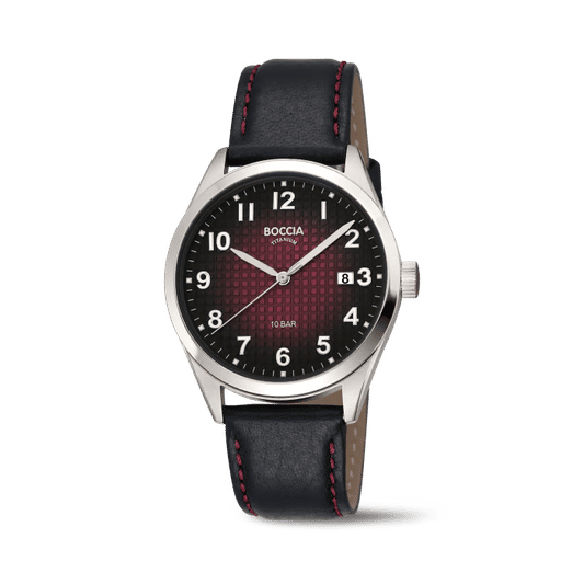 Boccia Herrenarmbanduhr mit dunkelblauem Zifferblatt und dunkelblauem Lederband, rote Ziernaht
