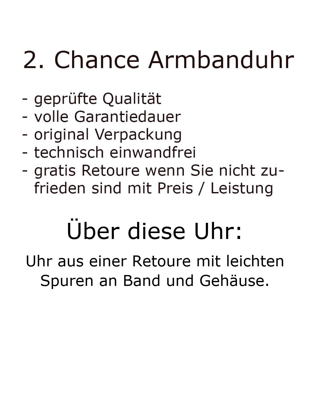 Hinweistext zur Armbanduhr: Retourenstatus, leichte Spuren am Band und Gehäuse