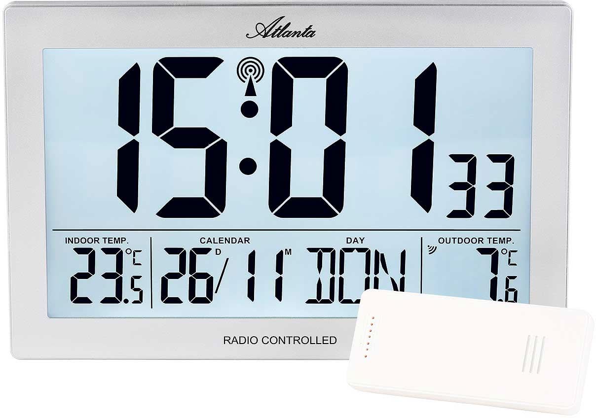 Zegar ścienny Atlanta z wyświetlaczem LCD, sterowany radiowo, ze wskaźnikiem temperatury wewnętrznej i zewnętrznej