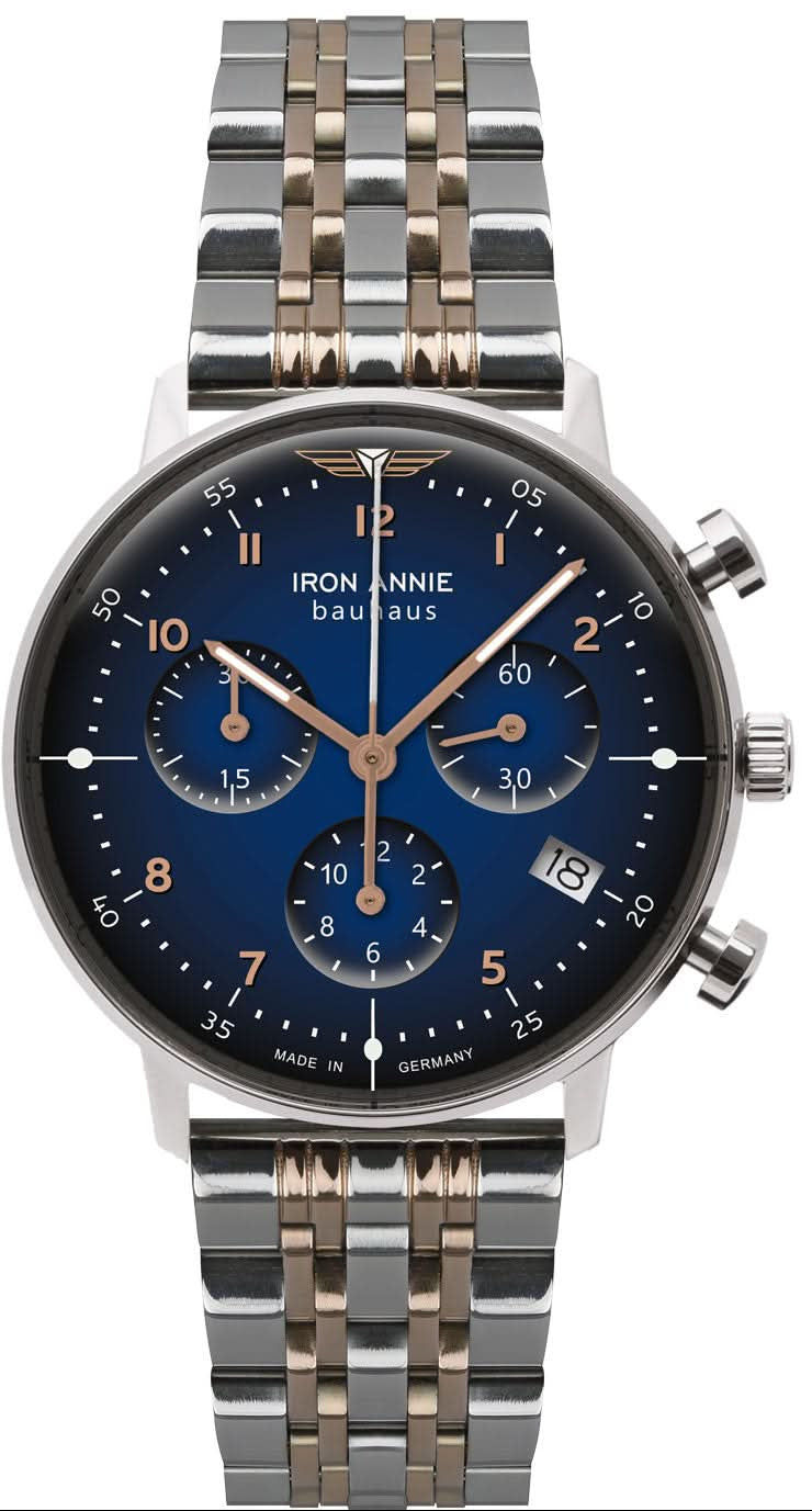 Damski zegarek chronograf Iron Annie z niebieską tarczą, bransoleta ze stali szlachetnej ze złotymi akcentami