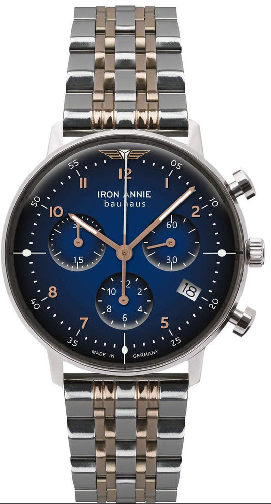 Damski zegarek chronograf Iron Annie z niebieską tarczą, bransoleta ze stali szlachetnej ze złotymi akcentami
