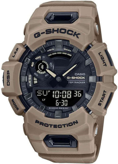 Zegarek męski G-Shock z paskiem w kolorze piaskowym, okrągłym wyświetlaczem cyfrowym i układem typu tracker