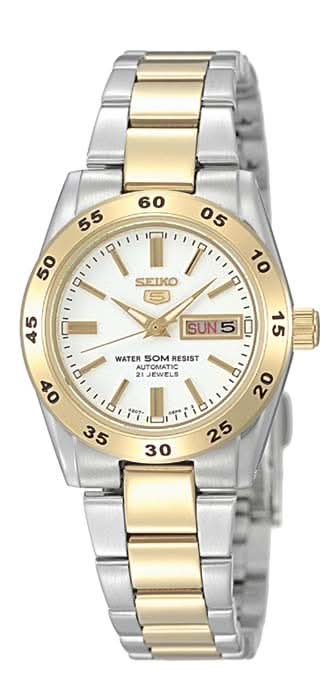 Zegarek damski Seiko 5 z dwukolorową bransoletą ze stali szlachetnej, srebrno-złotą tarczą i datownikiem