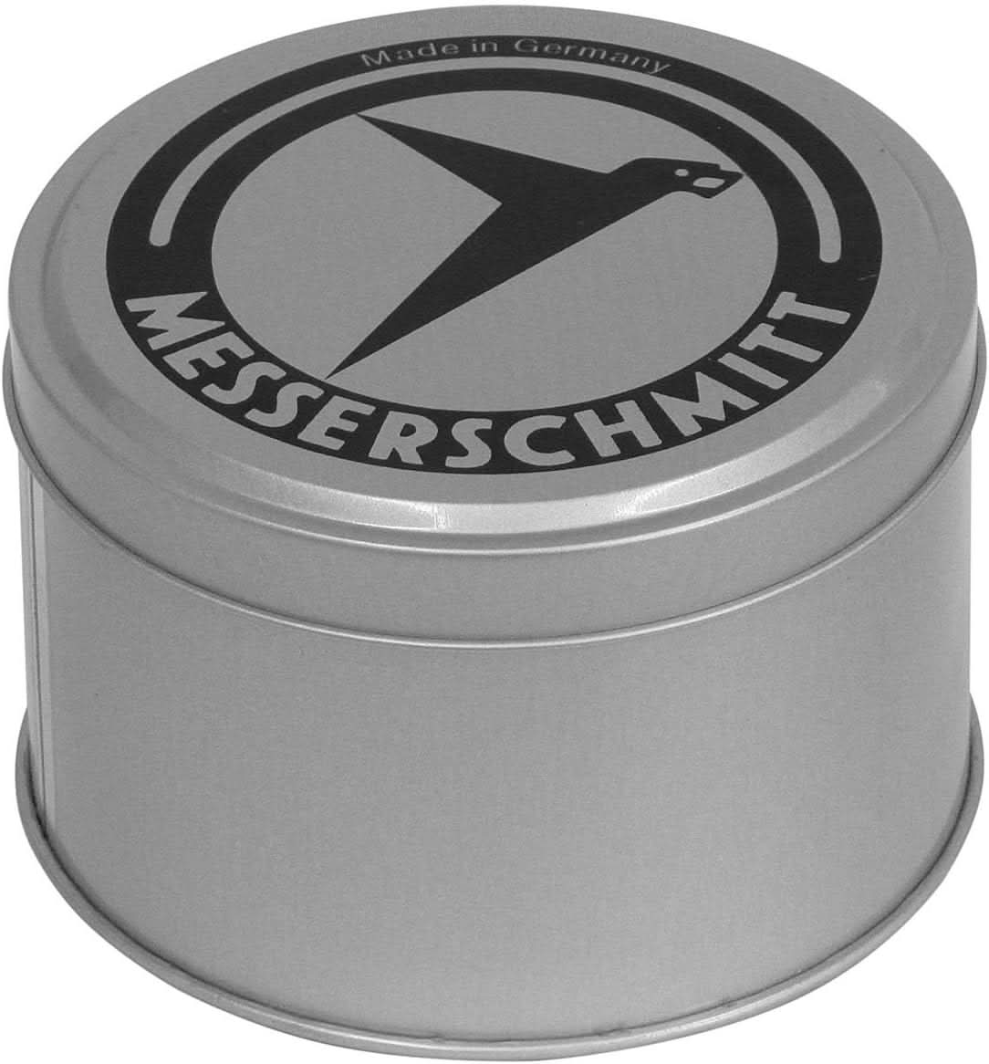 Metalowe pudełko z logo Messerschmitt i napisem „Made in Germany”