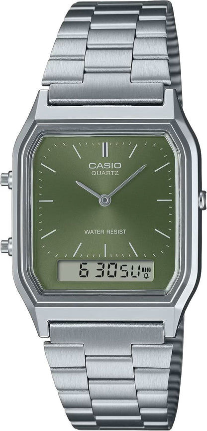Zegarek Casio Vintage z zieloną tarczą, srebrną metalową bransoletą i wyświetlaczem