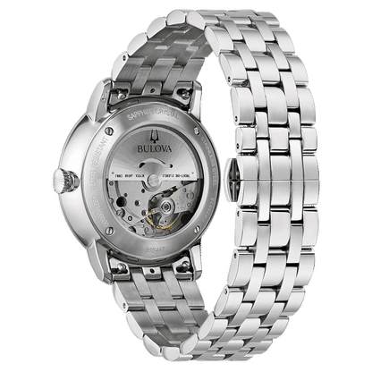 Zegarek męski Bulova z przezroczystym deklem, mechanizmem automatycznym i bransoletą ze stali szlachetnej.