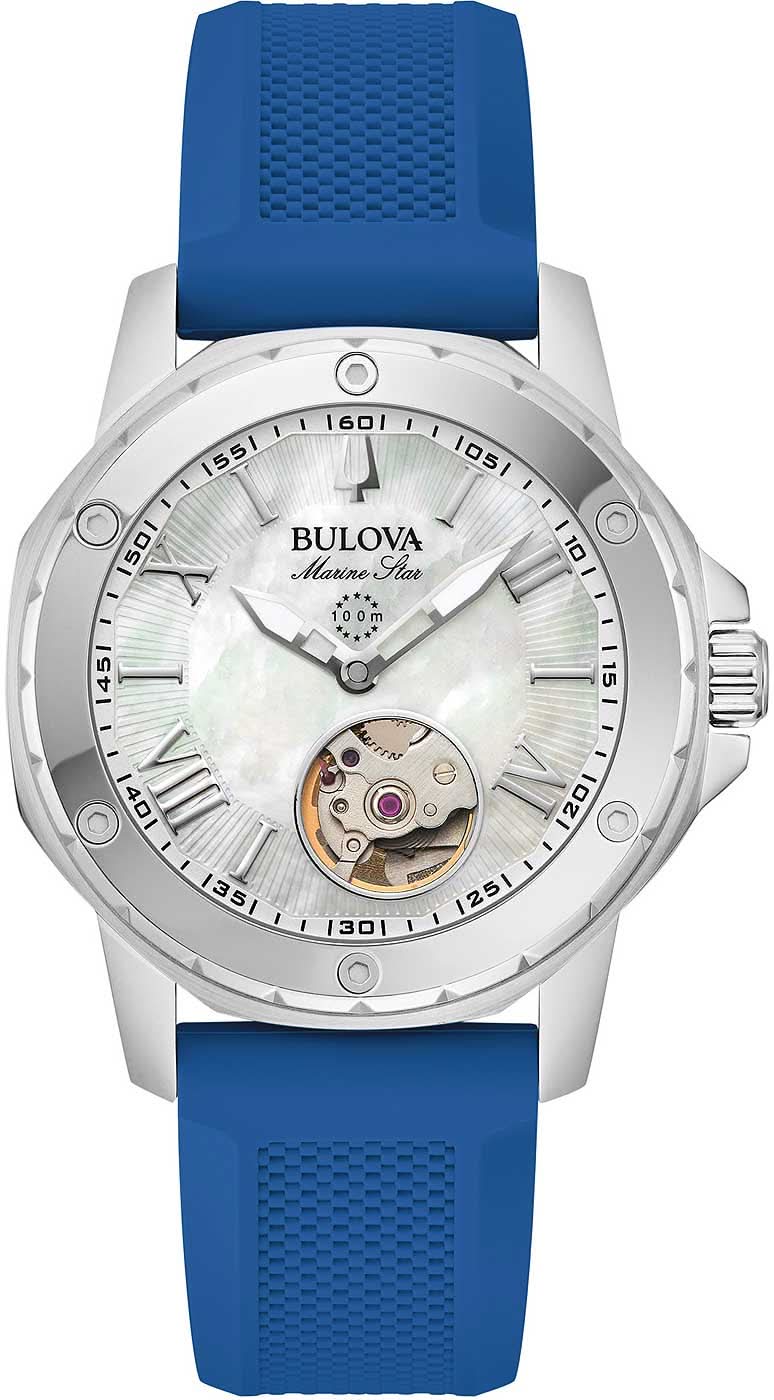 Zegarek damski Bulova z tarczą z masy perłowej, mechanizmem automatycznym i niebieskim paskiem kauczukowym