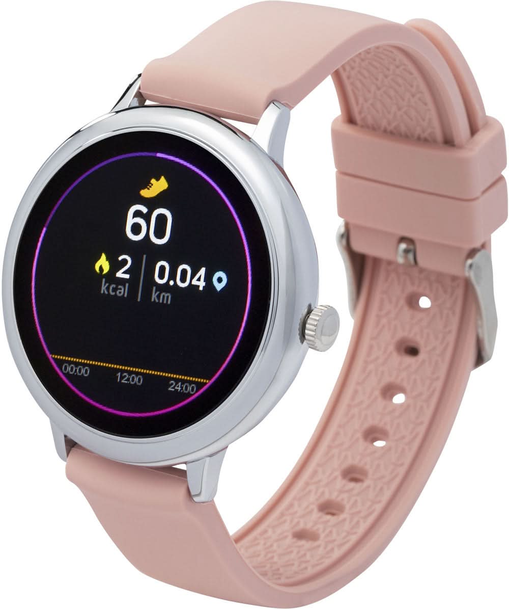 Smartwatch z okrągłą kopertą i różowym silikonowym paskiem, ekran operacyjny