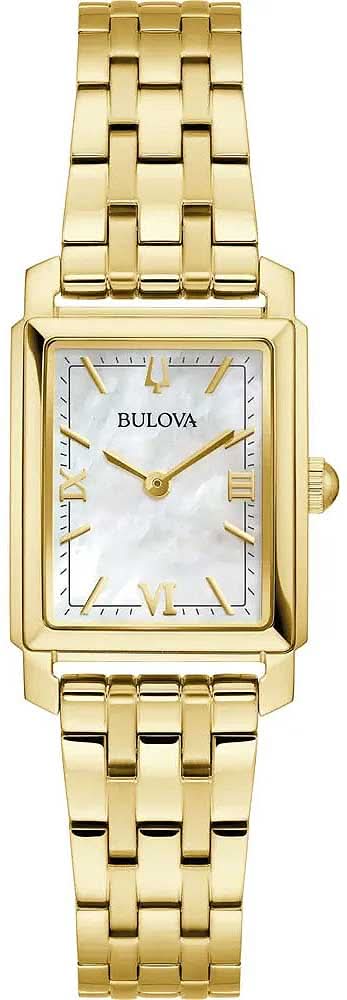 Zegarek damski Bulova z prostokątną tarczą i bransoletą ze stali szlachetnej w kolorze złota