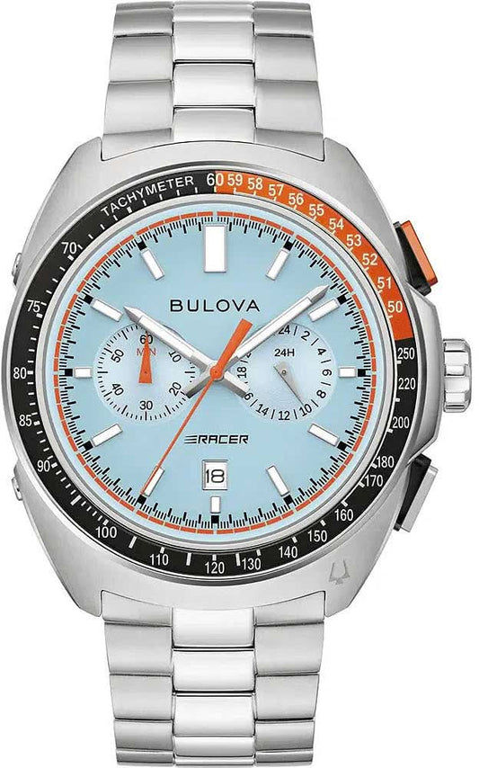 Zegarek męski Bulova ze srebrną metalową bransoletą, niebiesko-białą tarczą i pomarańczowym akcentem