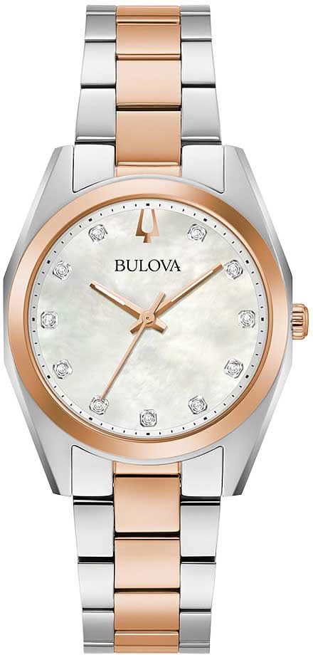 Zegarek damski Bulova z tarczą z masy perłowej, diamentowymi indeksami i dwukolorową bransoletą ze stali szlachetnej