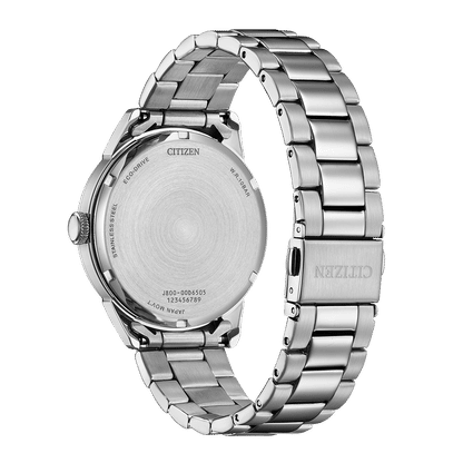 Zegarek męski Citizen Eco-Drive ze srebrną bransoletą ze stali szlachetnej i przeszklonym deklem.