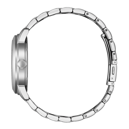 Zegarek męski Citizen Eco-Drive: bransoleta ze stali szlachetnej i koperta z koronką z boku.