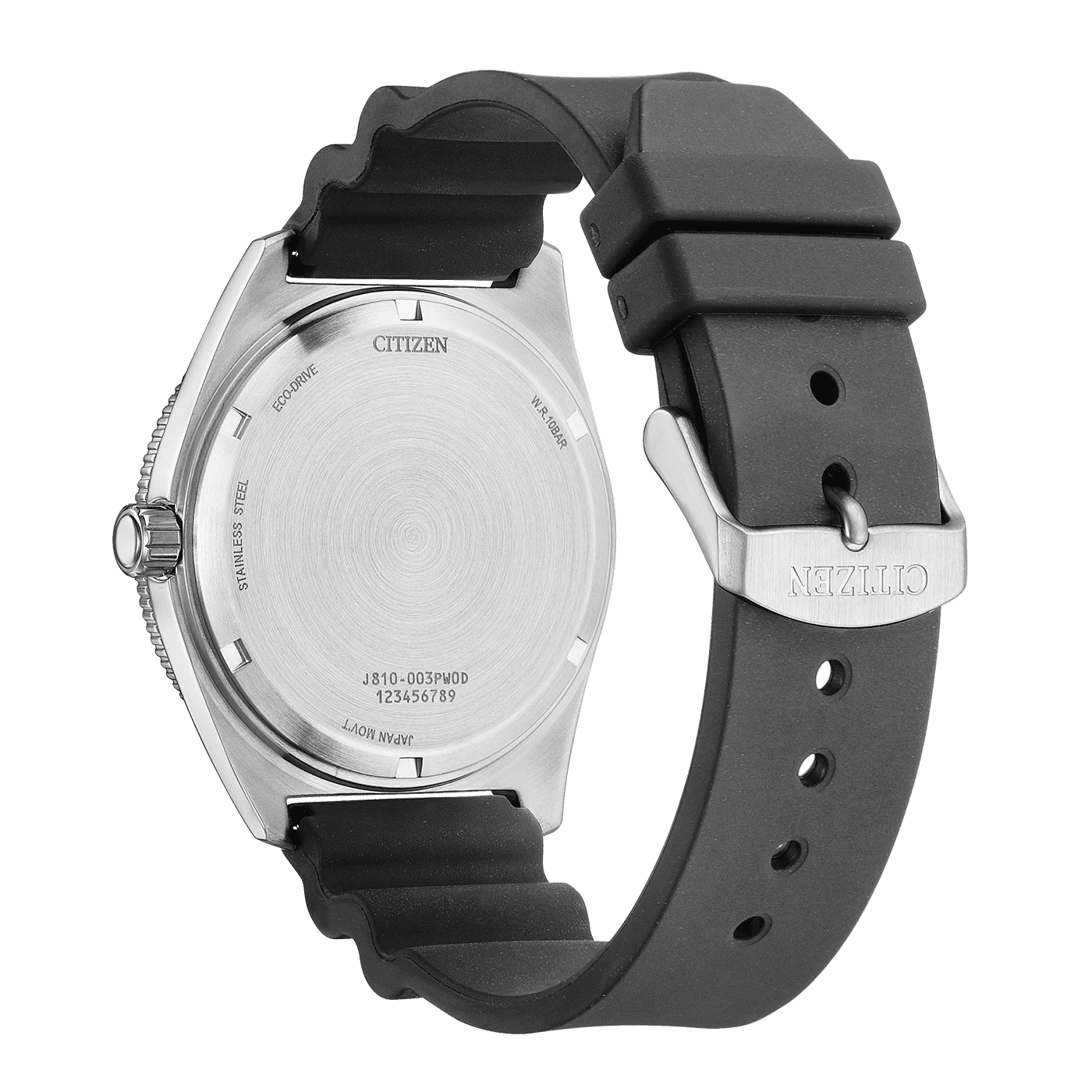 Tył zegarka męskiego Citizen Eco-Drive ze srebrną kopertą i czarnym silikonowym paskiem