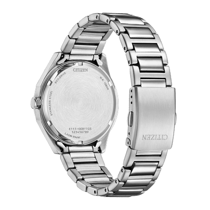 Tył zegarka męskiego Citizen Eco-Drive, srebrna bransoleta ze stali szlachetnej i dekiel