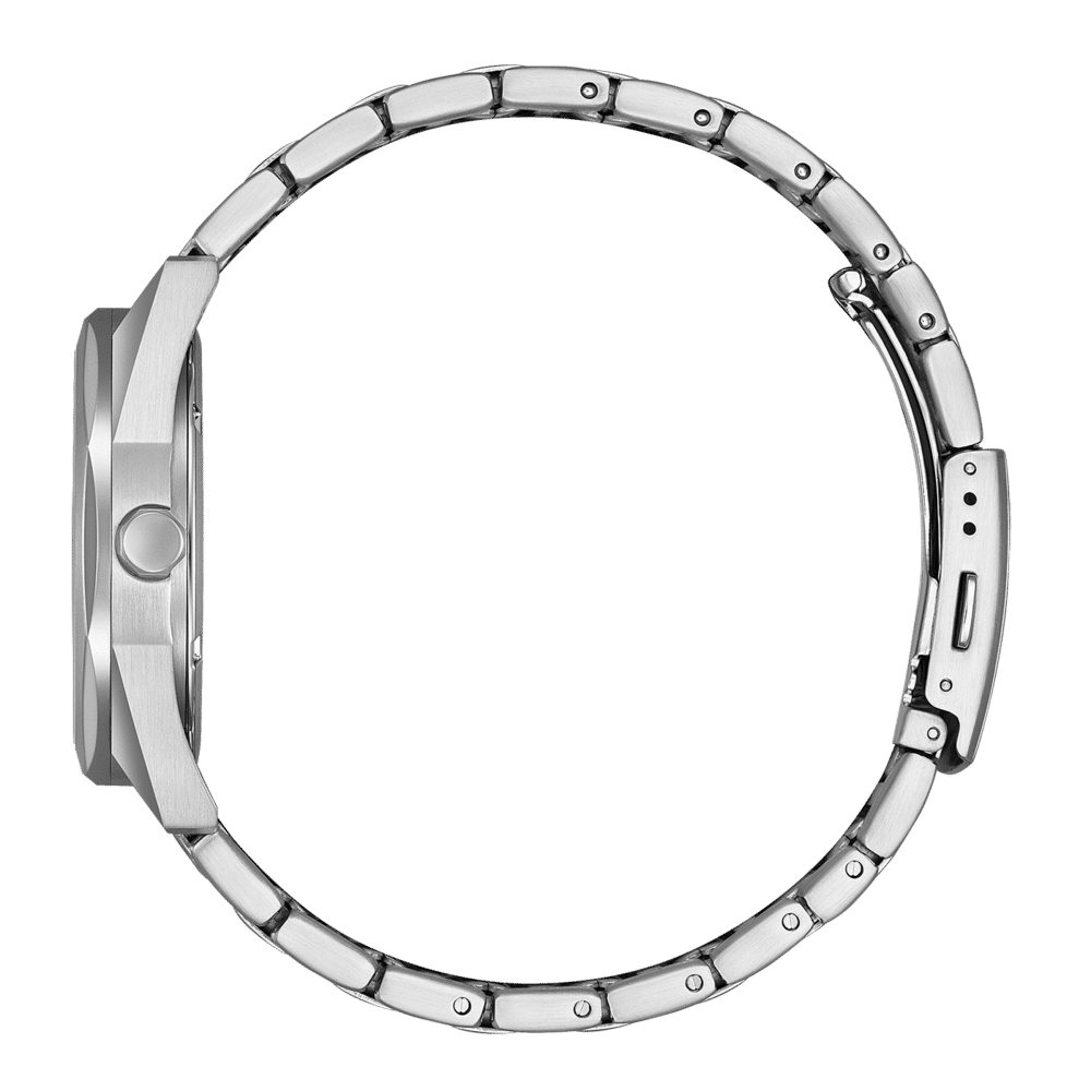 Zegarek męski Citizen Eco-Drive, widok z boku, srebrna koperta i bransoleta ze stali szlachetnej