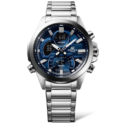 Zegarek męski Casio EDIFICE z niebieską tarczą, stalowym pierścieniem i wieloogniwową bransoletą.