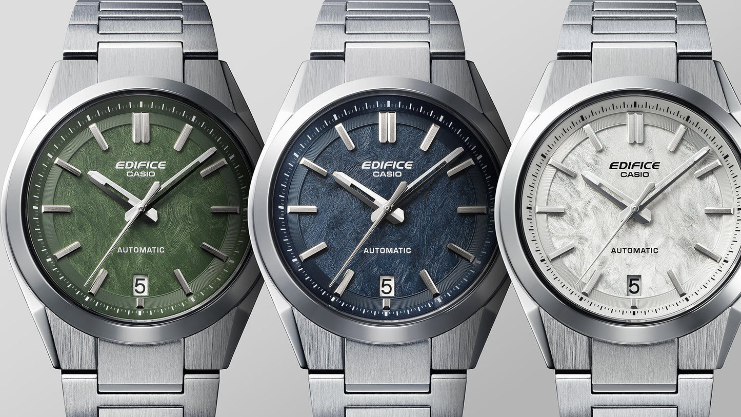 Trzy męskie zegarki Casio Edifice z zieloną, niebieską i białą tarczą