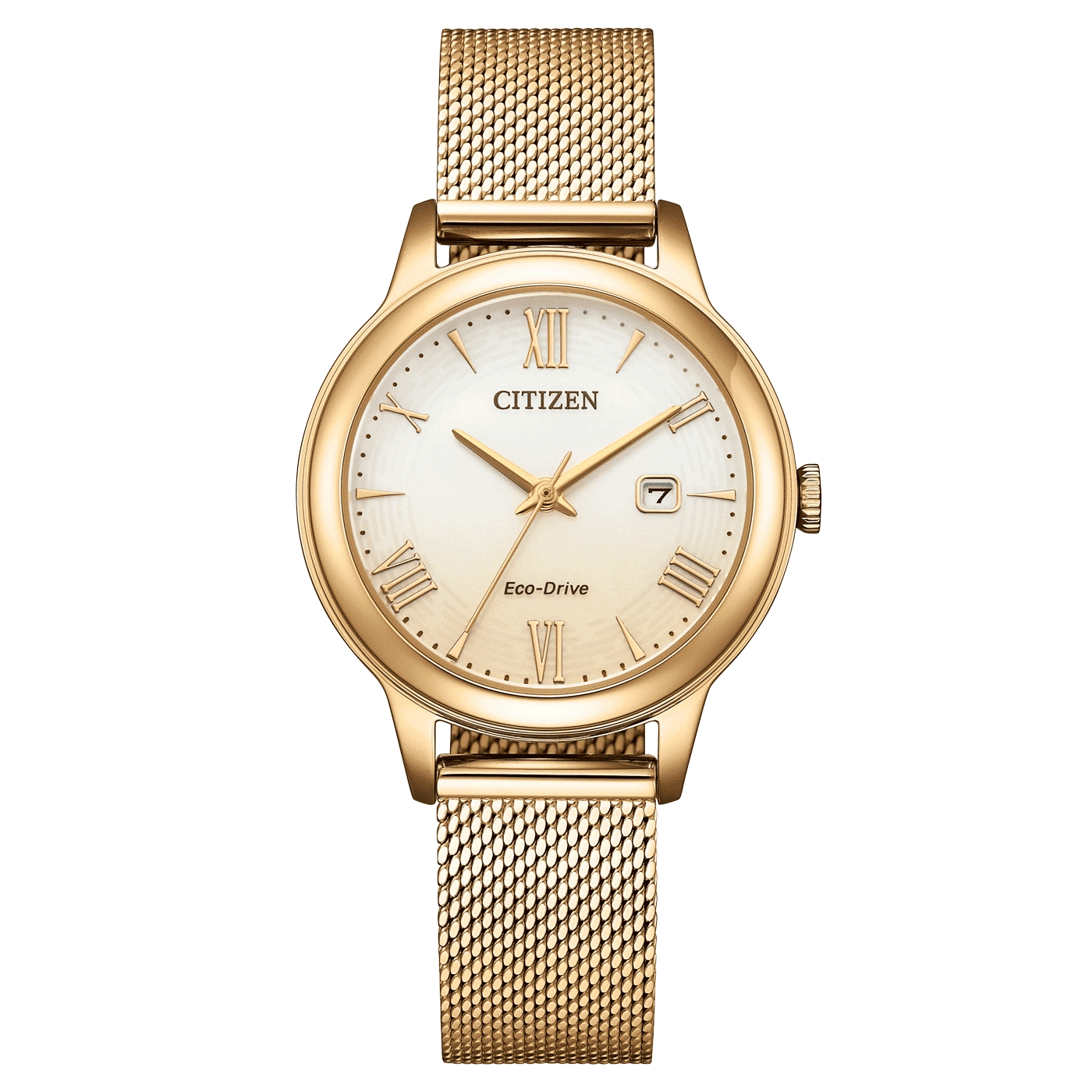 Armbanduhr mit Milanaiseband, goldfarben, Zifferblatt mit römischen Ziffern und Eco-Drive