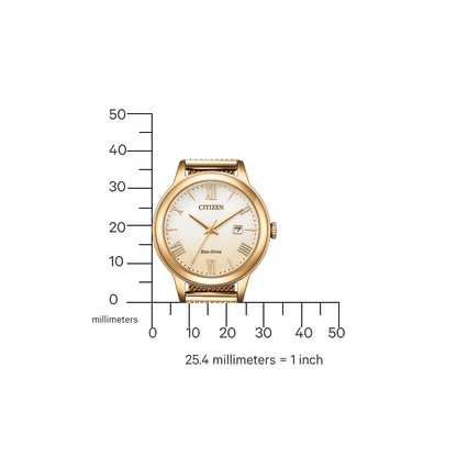 Armbanduhr Vorderansicht, goldfarbenes Gehäuse, Zifferblatt mit Eco-Drive und römischen