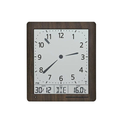 Wanduhr mit Holzrahmen und großem Ziffernblatt; Display mit Datum, Wochentag und 16,0 °C