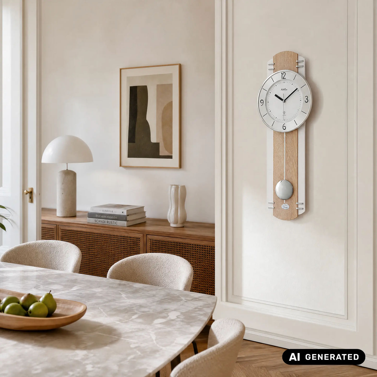 Wanduhr an heller Wand mit rundem Zifferblatt und Holzpendel