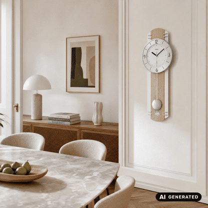 Wanduhr an heller Wand mit rundem Zifferblatt und Holzpendel