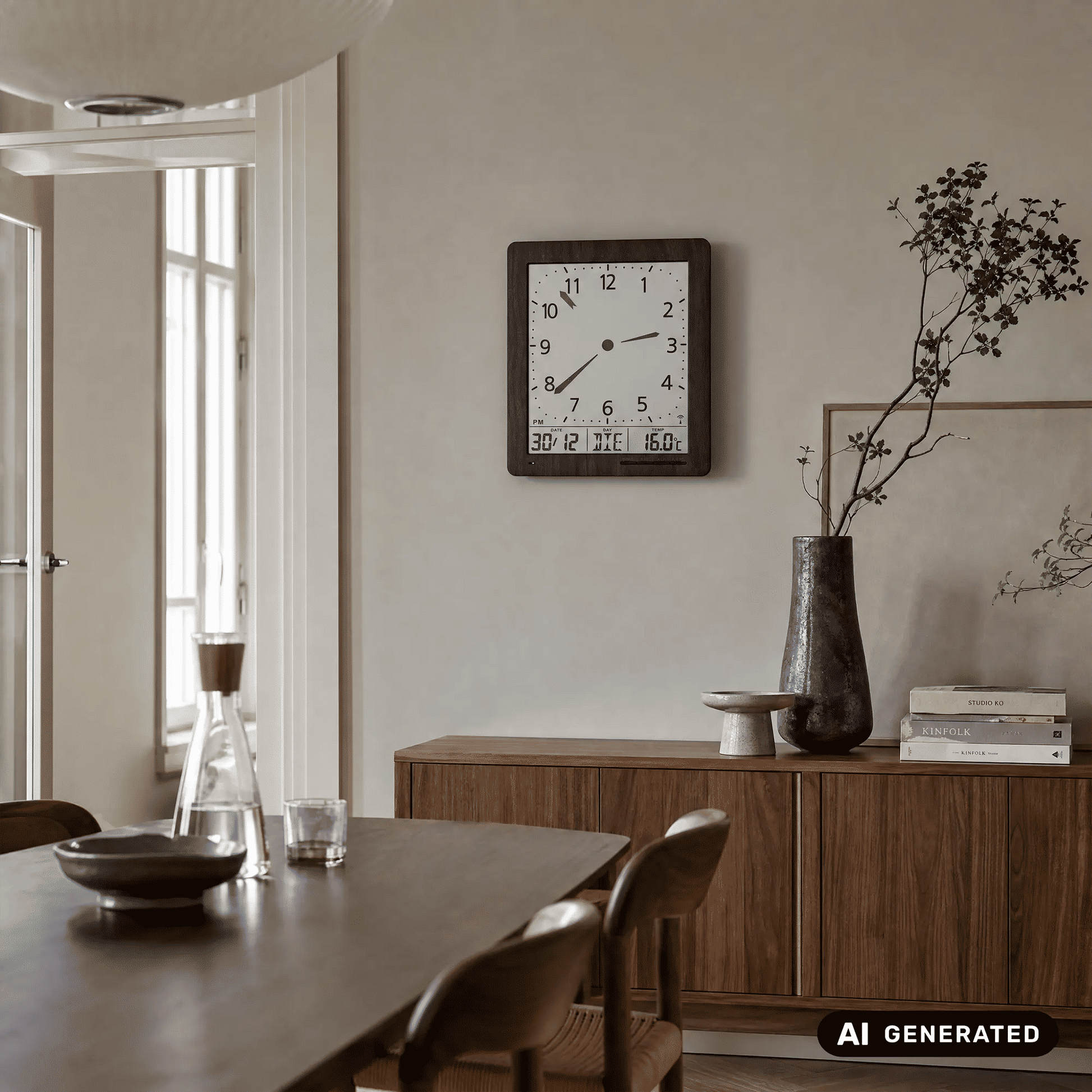 Wanduhr mit Holzrahmen, an der Wand montiert; Ziffernblatt mit Datum-, Tages- und Temperaturanzeige