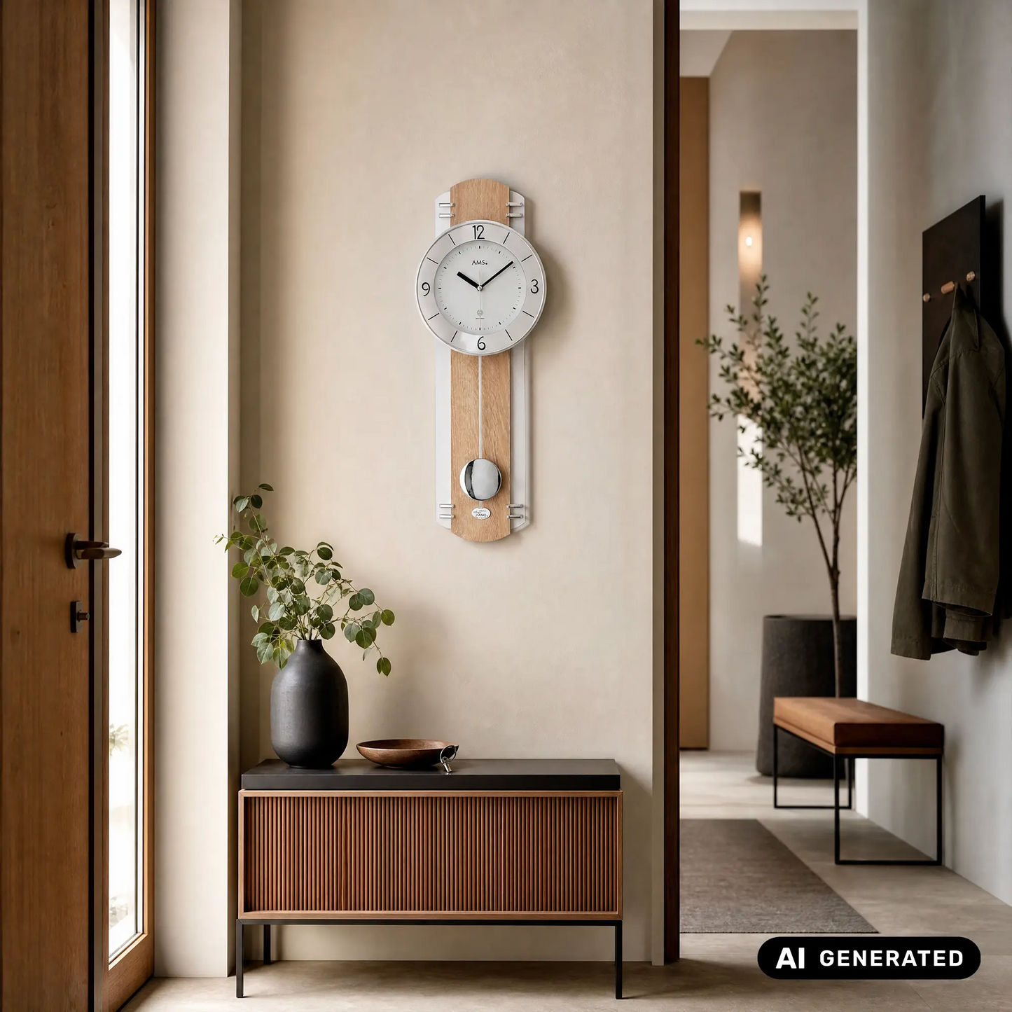 Wanduhr in Holzoptik mit rundem silbernem Zifferblatt und Pendel