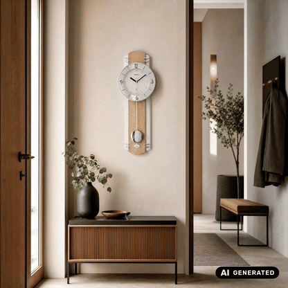 Wanduhr in Holzoptik mit rundem silbernem Zifferblatt und Pendel