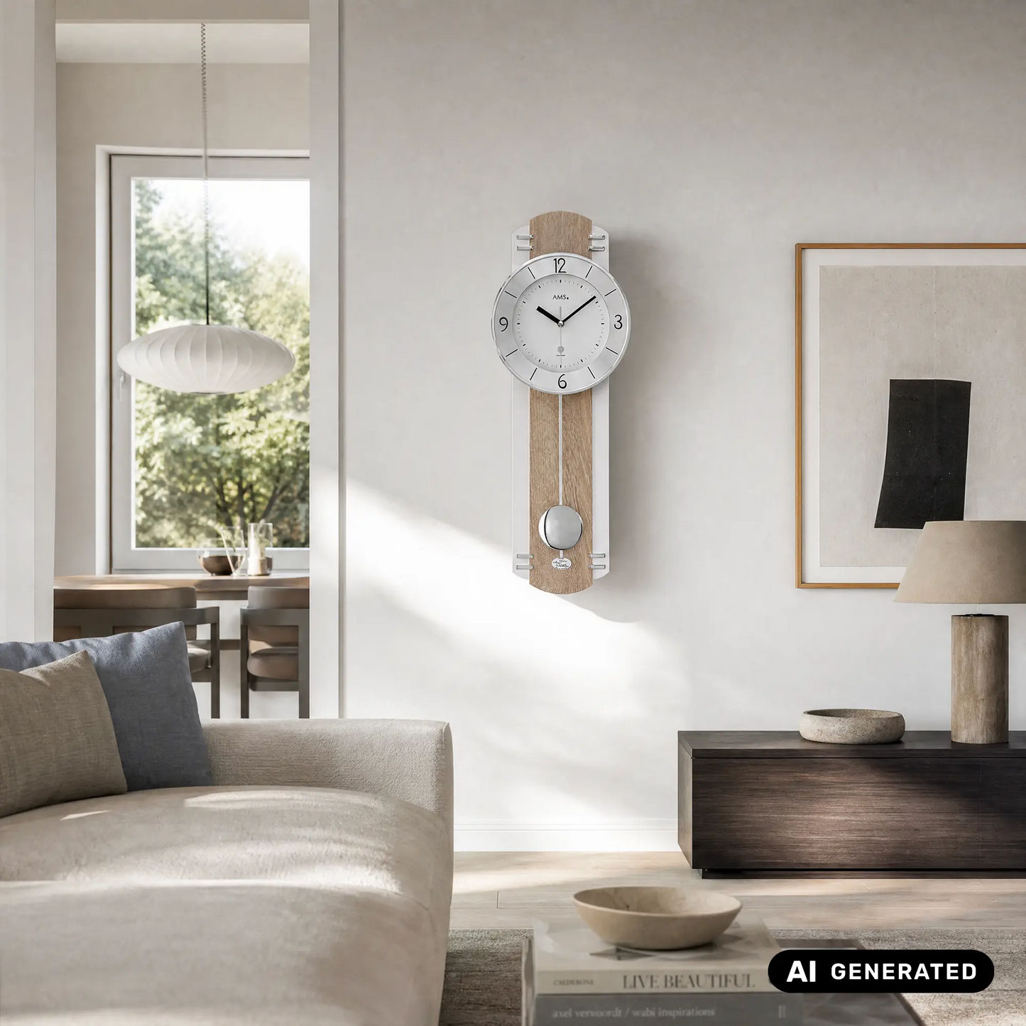 Wanduhr mit rundem silbernem Zifferblatt am Holzgehäuse, an der Wand montiert