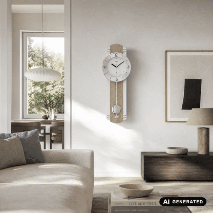 Wanduhr mit rundem silbernem Zifferblatt am Holzgehäuse, an der Wand montiert