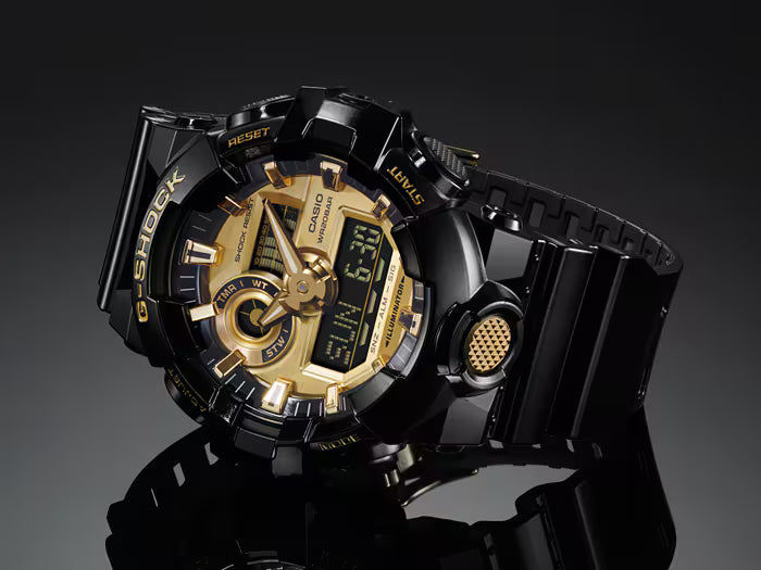 Zegarek męski Casio G-Shock GA-710GB-1AER • Ekstremalna odporność na wstrząsy • Design czarno-złoty