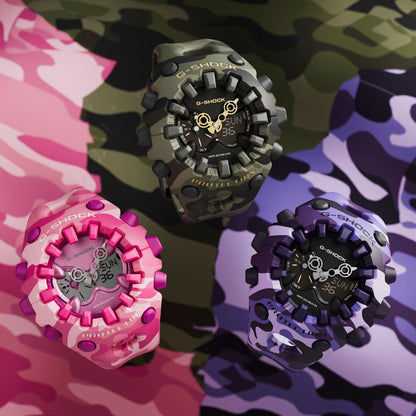 Zegarki Casio G-Shock z wytrzymałą kopertą, fioletowa tarcza z motywem moro
