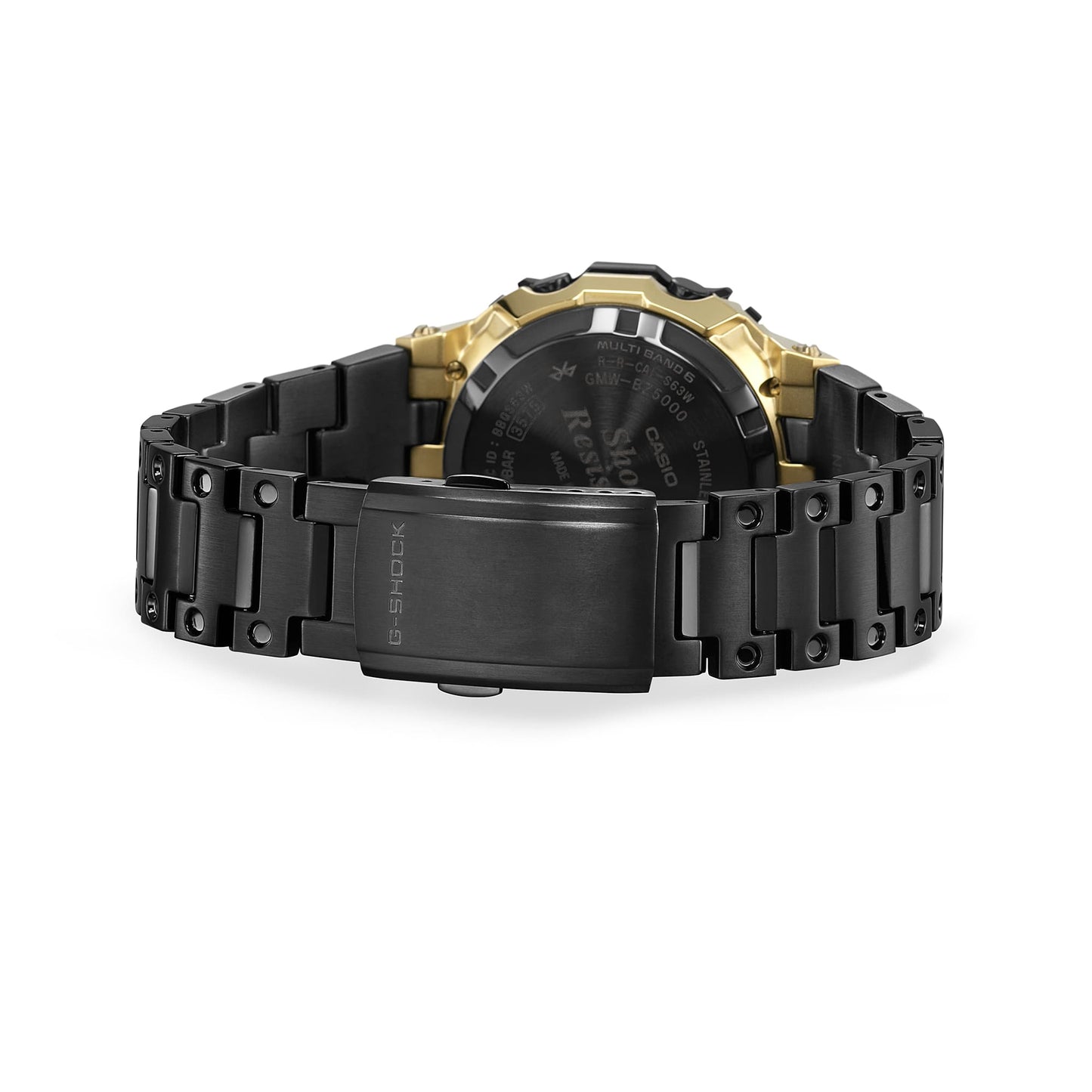 Zegarek męski G-SHOCK z profilu: czarna metalowa bransoleta, złota koperta