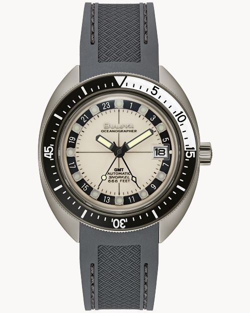 Zegarek męski Bulova Oceanographer GMT z szarą bransoletą, srebrną tarczą i czarnym pierścieniem lunety