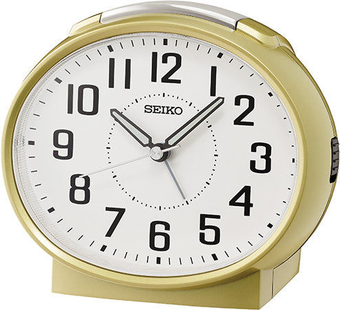 Seiko Wecker mit goldfarbenem Gehäuse und weißem Analogzifferblatt, schwarze Ziffern