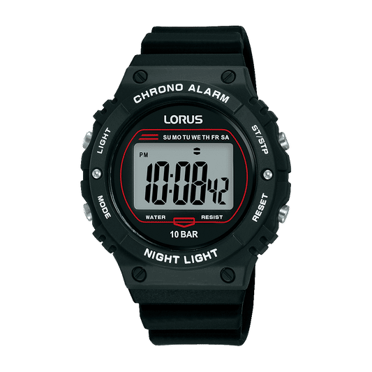 Herren-Digitalluhr: schwarzes Kunststoffarmband, beleuchtetes Display, 10 BAR wasserdicht
