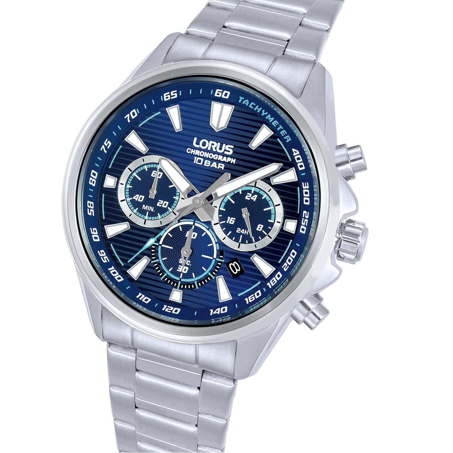 Męski zegarek Lorus Sport z niebieską tarczą, przyciskami chronografu i bransoletą ze stali szlachetnej