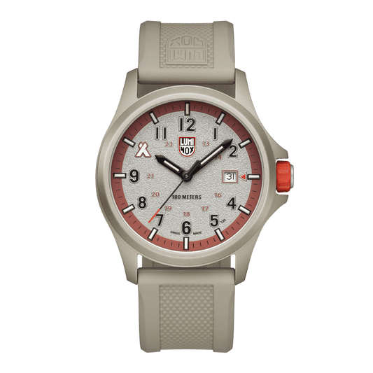 Zegarek męski Luminox Bear Grylls z beżową kopertą, pomarańczową tarczą i gumowym paskiem