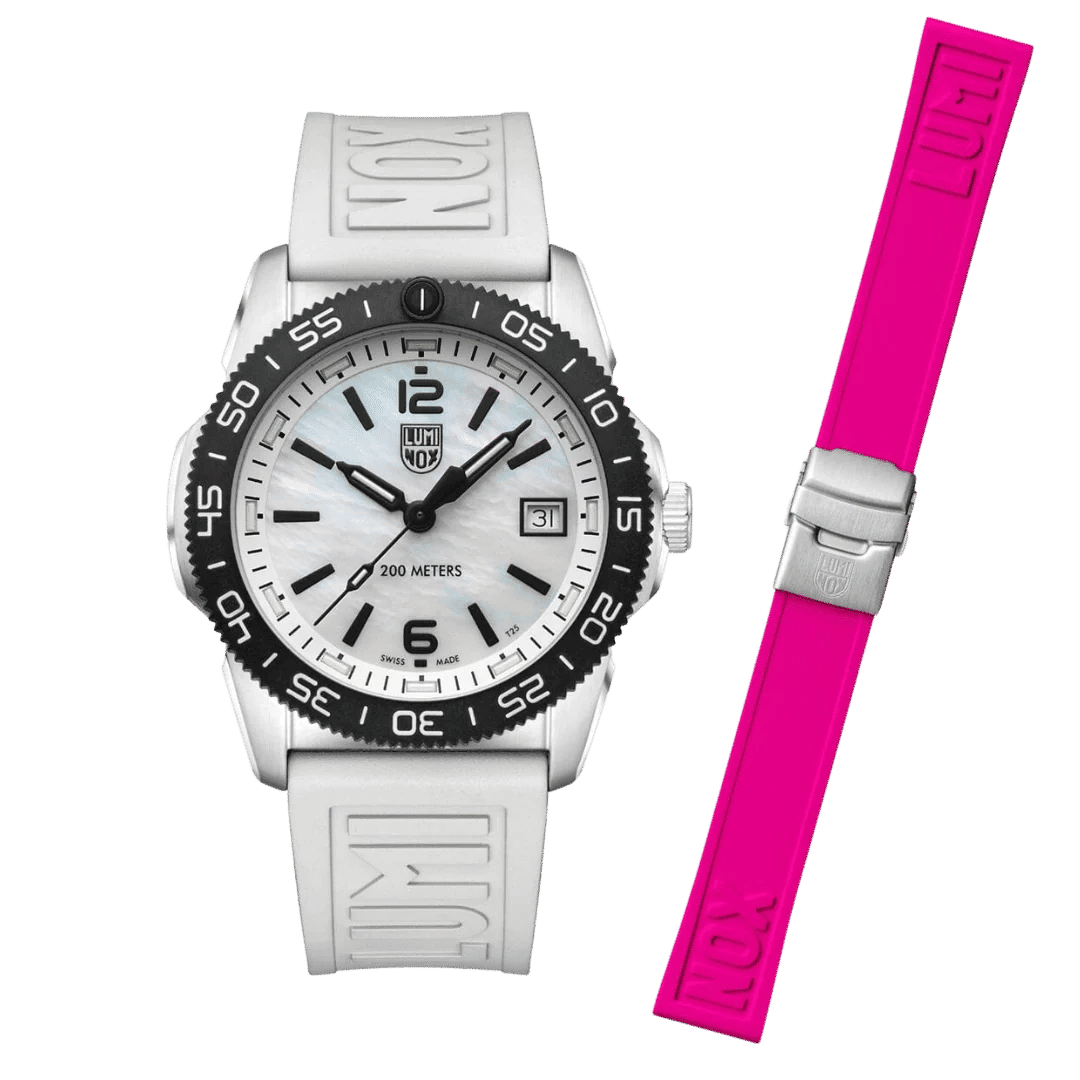 Luminox Herrenarmbanduhr mit weißem Zifferblatt, schwarzer Lünette und grauem Armband sowie pinkem Ersatzband