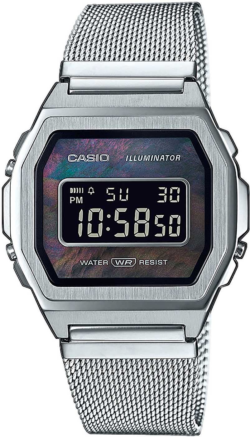 Montre Casio Vintage A1000M-1B • Mouvement à quartz • Bracelet en maille milanaise en acier inoxydable