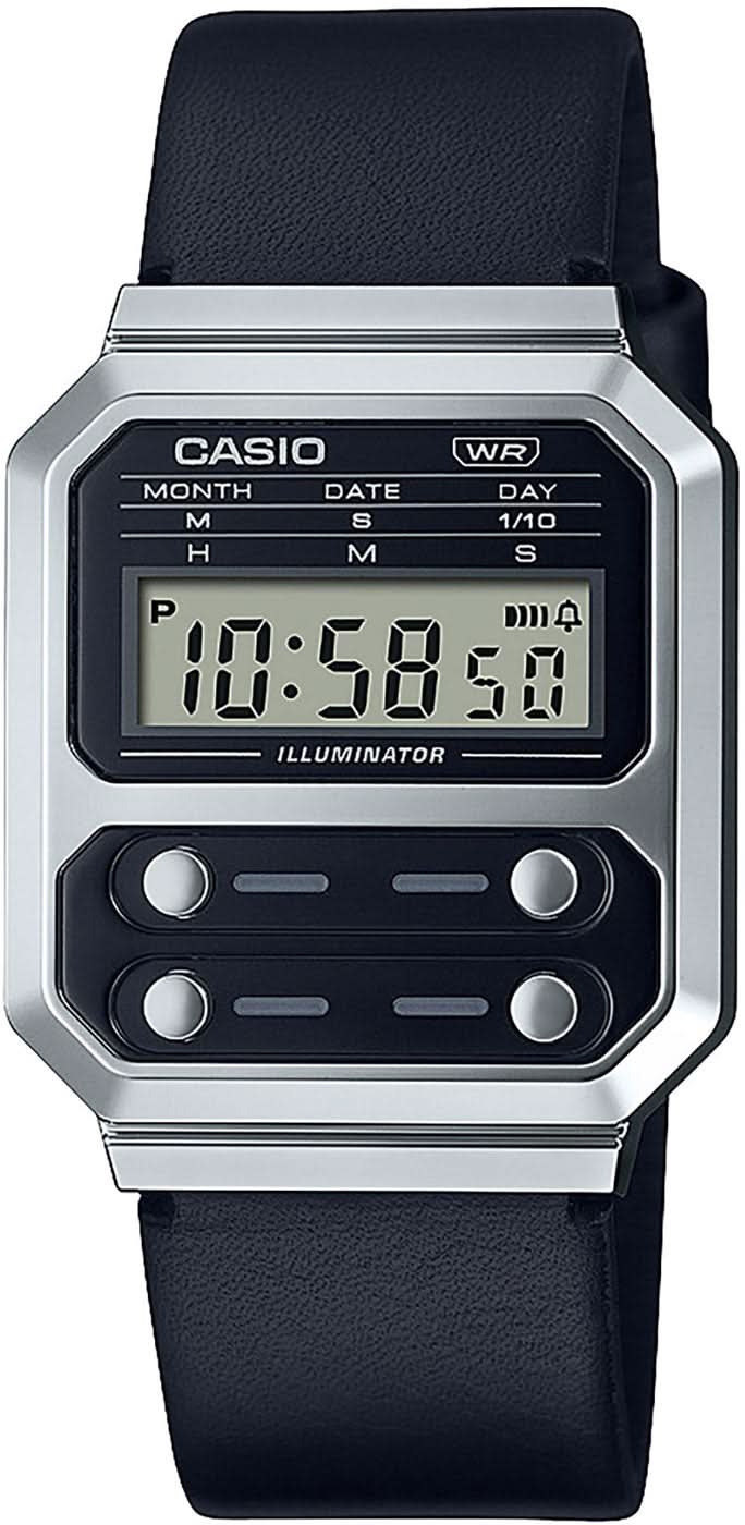 Zegarek retro z czarnym skórzanym paskiem, srebrną kopertą i wyświetlaczem LCD