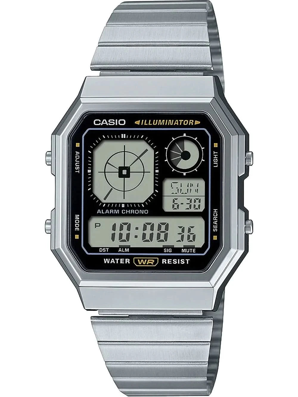 Zegarek męski Casio Vintage A130WE-1AEF ze srebrną metalową bransoletą i czarnym wyświetlaczem cyfrowym