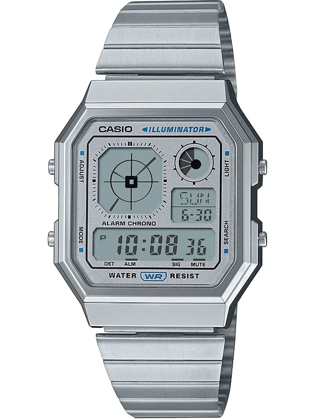 Zegarek Casio Vintage ze srebrną metalową bransoletą i wyświetlaczem cyfrowym, z niebieskimi akcentami